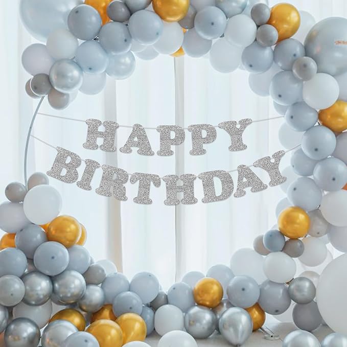 Silver Happy Birthday Banner Birthday Party Decorations Happy Birthday Banner Bunting Garland Sign for Kids Boys Girls Adults Birthday Baby Shower Celebration Party Backdrops Supplies