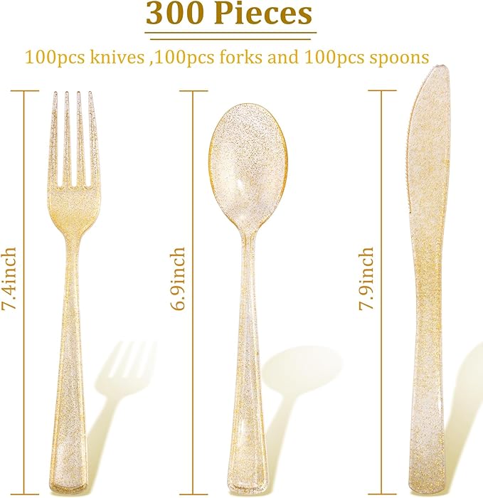 Supernal 300pcs Gold Glitter Plastic Silverware Set-Heavy Duty Disposable Gold Cutlery for Weddings, Parties Include 100 Forks, 100 Spoons & 100 Knives-Glitter Plastic Utensils for 100 Guests
