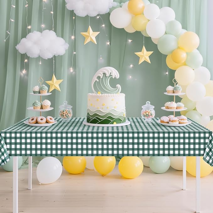 1 Pack Sage Green Striped Gingham Tablecloths, 54 x 108 Inch Disposable Plastic Rectangle Table Covers, Waterproof Checkered Sage Green Table Cloths for Picnic, Birthday, Party, Outdoor Events