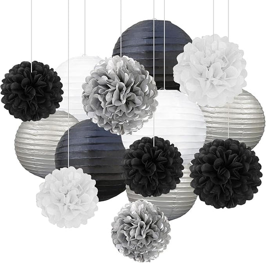 18 PCS Black White Silver Paper Lanterns & Tissue Paper Pom Poms for Men's Birthday, Graduation 2026, Wedding, Hanging Paper Decor for Indoor Outdoor Events Theme Party Supplies