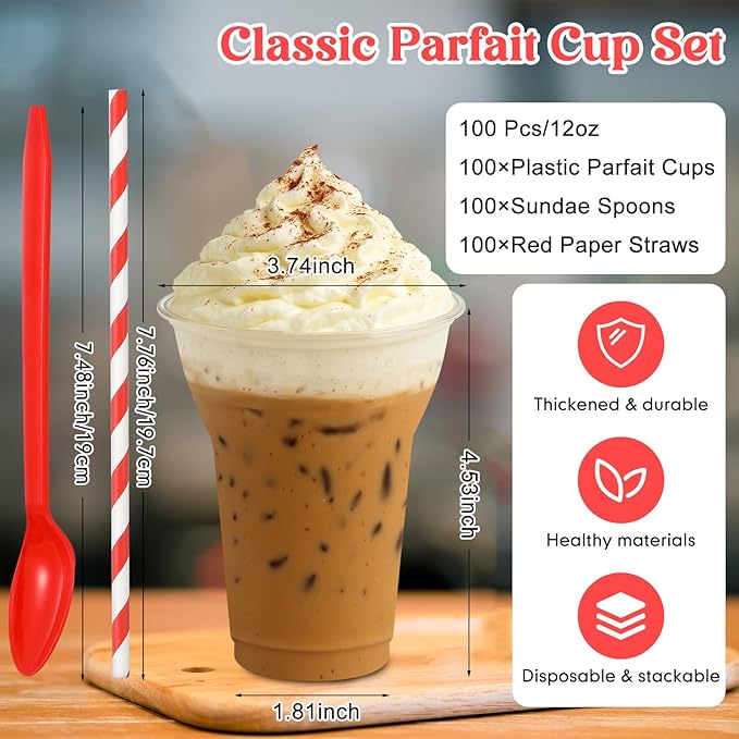 Baderke 100 Sets Plastic Parfait Cups with Red Plastic Soda Spoons and Paper Straws Disposable Root Beer Float Cups Clear Milkshake Mugs for Ice Cream Sundae Yogurt Party Drinks (12oz)