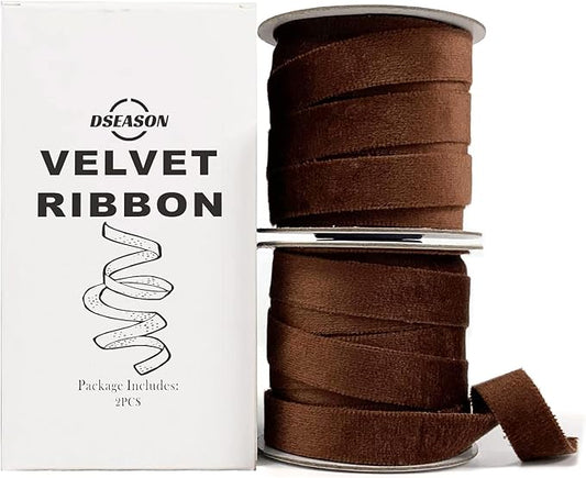 Velvet Ribbon Set 3/8" x 10 Yards, 2 Rolls 20 Yards, Dseason Handmade Brown Velvet Ribbon Set for Gift Wrapping & Bow Making, Christmas Tree, Wreath Decoration, DIY Crafts Decoration