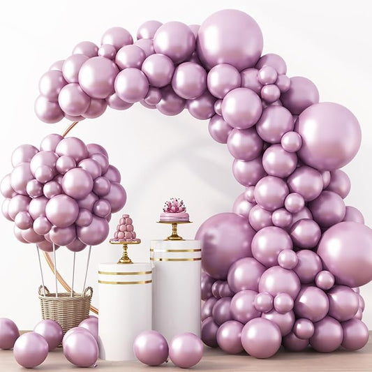 RUBFAC Metallic Pink Balloons 129pcs Different Sizes Pack of 18 12 10 5 Inch, Latex Chrome Metal Pink Balloon Garland Arch Kit for Wedding Princess Birthday Party Baby Shower Engagement Bachelorette
