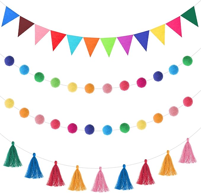 Irenare 9.8 ft Pom Pom Garland Felt Rainbow Garland 2026 Graduation Party Decoration Colorful Pennant Tassel Banner Back to School Birthday Triangle Banner for Classroom School Mantel(Multicolor)