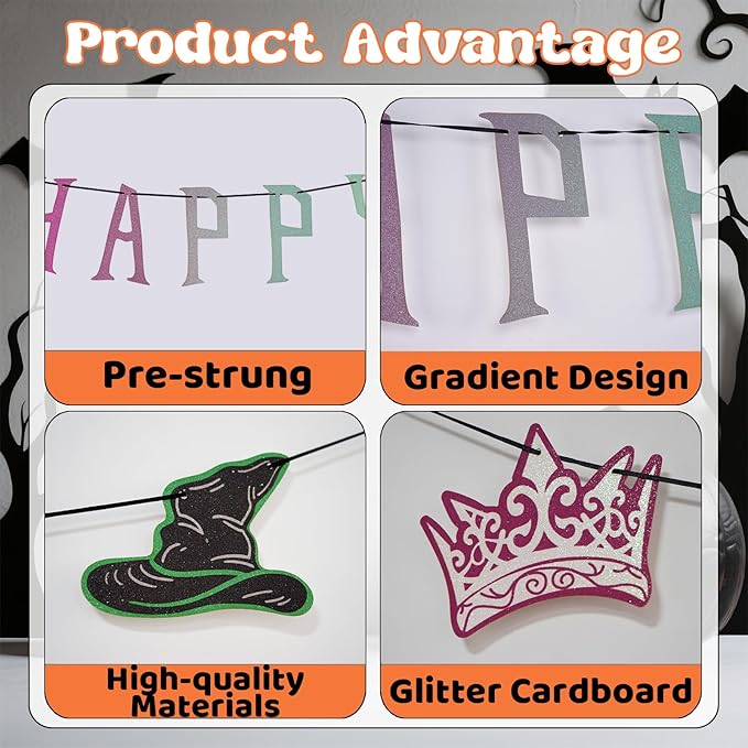 Witch Theme Happy Birthday Banner, Pre-Strung Glitter Wicked Birthday Party Banner, Gradient Pink And Green Party Decorations Witch For Wicked Party Decor Photo Backdrop Props Supplies