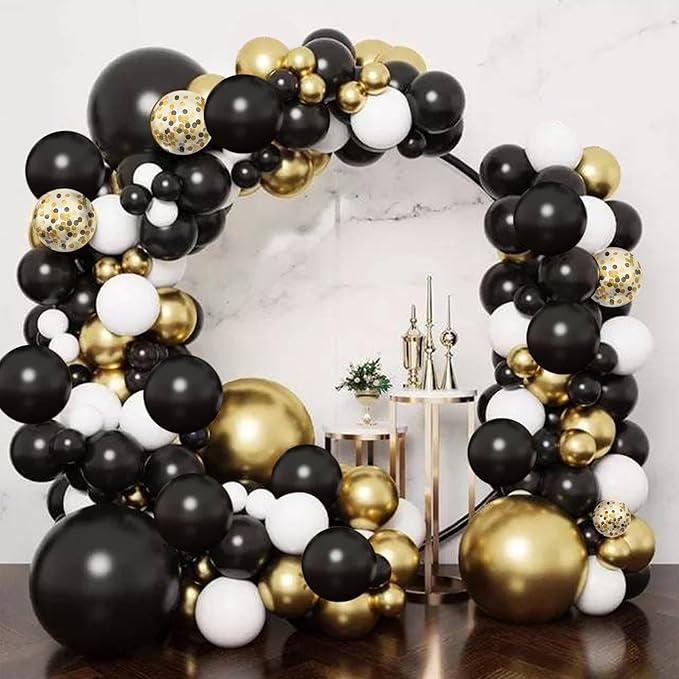 CANREVEL 50pcs 12 Inches Black Gold Confetti Balloons Kit, Metallic Gold and Black White Party Balloons with Ribbons for Birthday, Baby Shower, Graduation, New Year Decorations