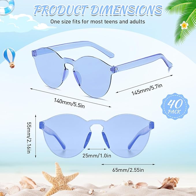 SUNOVELTIES 18/40 Pack Round Shaped Rimless Sunglasses Transparent Candy Color Party Glasses Colored Eyewear for Women