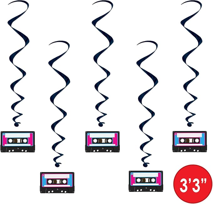 Beistle 10 Piece 80's Theme Cassette Tape Swirls, 1980's Retro Hanging Whirl Decorations