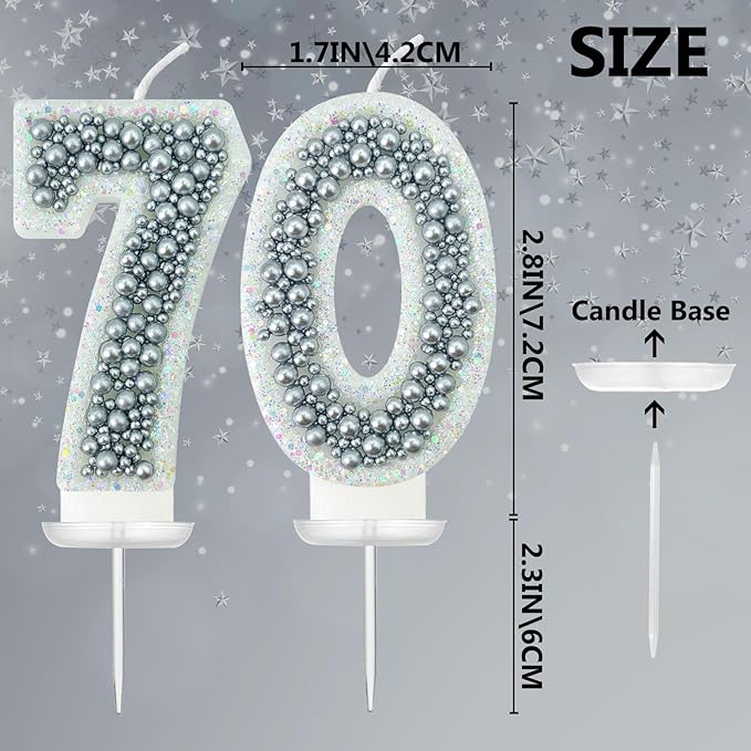 70 Birthday Number Candle for Cake, Glitter Number Candle with Silver Beads, Decorative Cake Topper for Milestone Celebrations
