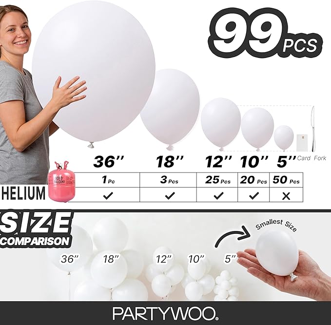 PartyWoo White Balloons 99pcs Different Sizes Pack of 36 18 12 10 5 Inch Matte White Latex Balloon Arch Kit Garland for Wedding Bridal Graduation Baby Shower Birthday Party Decorations White-Y13