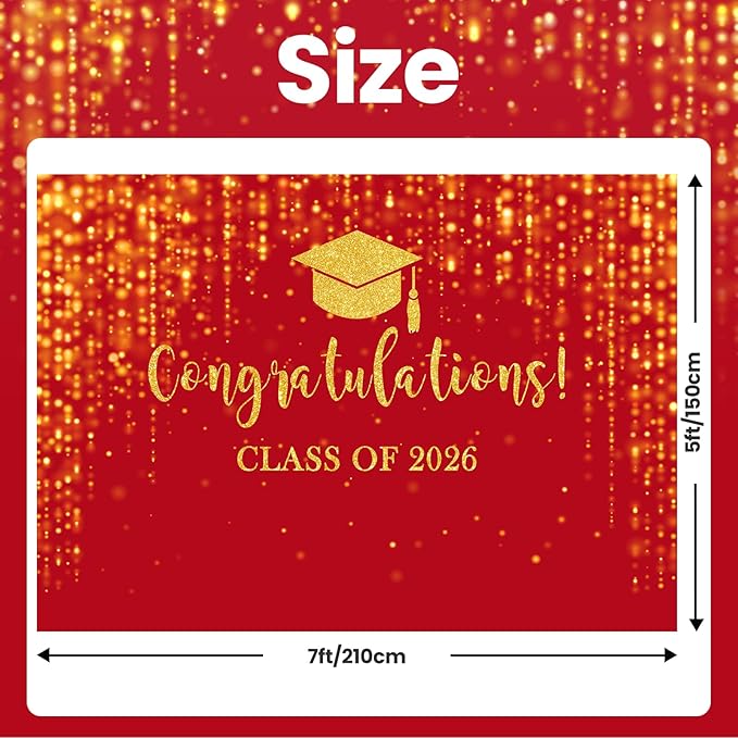 Mocsicka Class of 2026 Backdrop Red Gold Glitter Bokeh Graduation Party Background 2026 Congrats Grad Prom Party Cake Table Decoration Photo Booth Props (7x5ft)