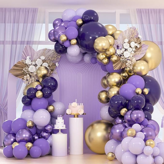 163pcs Purple & Gold Balloon Garland Arch Kit - Dark Purple, Lavender Lilac, Metallic Gold Balloons for Weddings, Baby Showers, Bachelorette Princess Parties