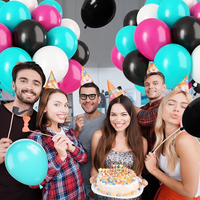 Paready Disco Music Party Balloons, 30 Pcs 12 Inch Hot Pink Black Blue and White Latex Balloons with Ribbons for 80s 90s Disco Music Party Hip Hop Theme Party Birthday DJ Short Video Party Decoration