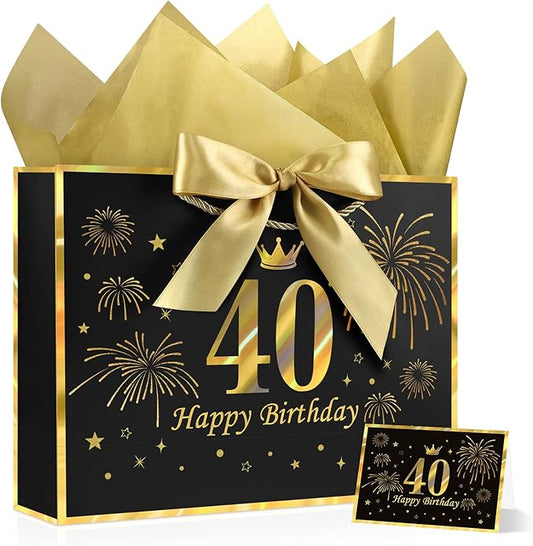 JMANNI Black Gold 40th Birthday Gift Bag with Card and Tissue Paper, 12.6"×9.84"×3.9" Elegant Present Bag for Adults, 40 Year Old Birthday Keepsake Party Supplies