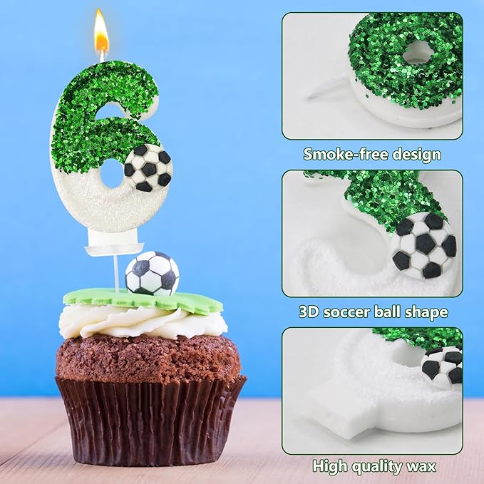 Birthday Candles，Soccer Birthday Decorations，Soccer Cake Topper,for Girl and boy Cake Toppers, Wedding Cakes, Anniversaries, Party Celebrations, Birthday Decorations (Green White, Number 6)