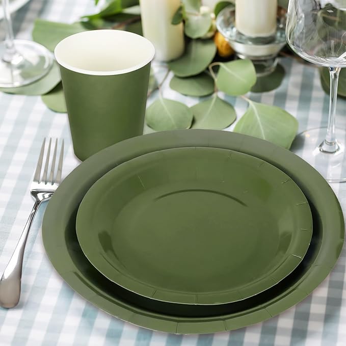 Whaline 100Pcs Olive Green Tableware Set Wedding Disposable Dinnerware Set 50Pcs Paper Plates 25Pcs Napkin 25Pcs Cups for Birthday Bride Shower Party Supplies Table Decorations