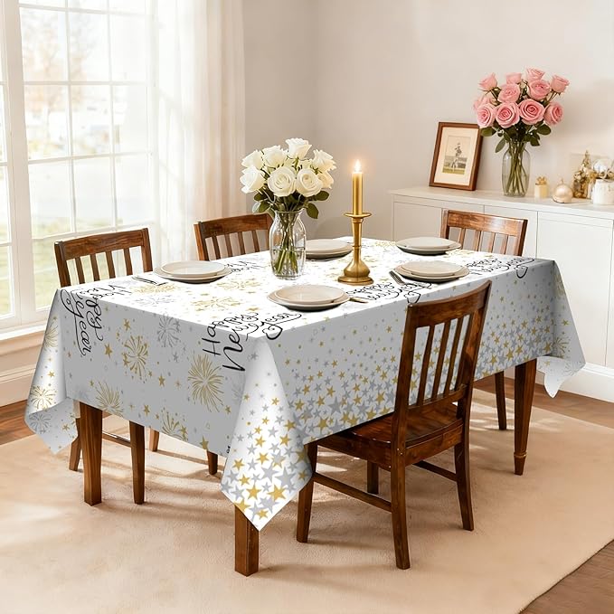 6 Pack Happy New Year Tablecloths Premium Disposable Plastic Tablecloth 54" x 108" Table Cloths for 6 to 8 Foot Tables New Years Eve Parties Decoration Supplies (New Year White)