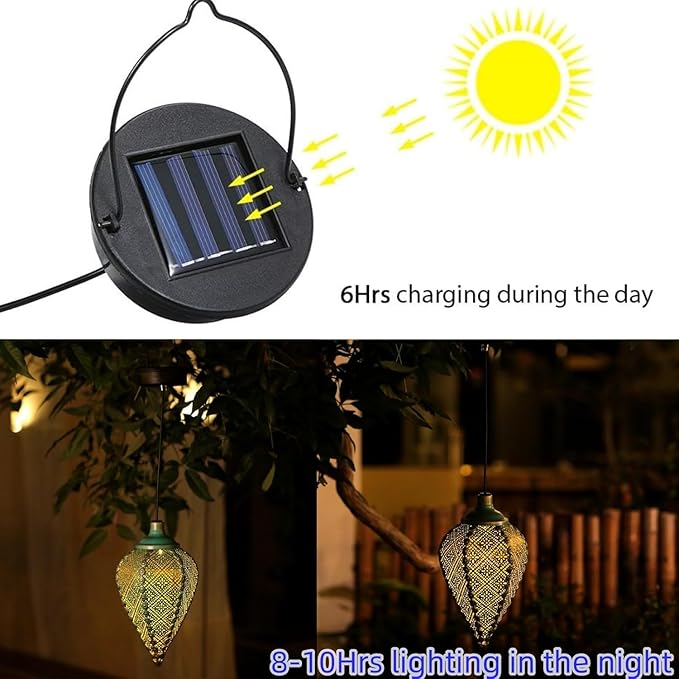 Solar Outdoor Lanterns- Hanging Lights, Set of 2 Moroccan Style Garden Party Decorative Rechargeable Lantern, Hurricane Lamps are Great for Front Porch, Patio and Yard
