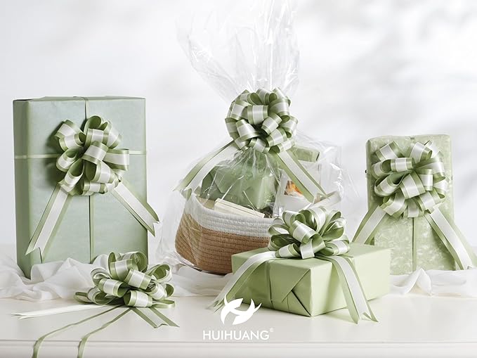 HUIHUANG Sage Green Pull Bows for Gift Wrapping 12 PCS Sage and Ivory Double Layer Satin Pull Bows 6" x 10" Gift Bow for Presents, Gift Basket, Birthday Baby Shower Wedding Party Decor