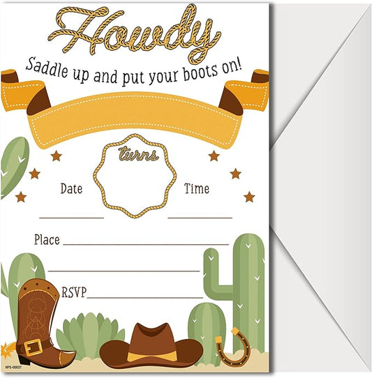 Western Party Invitations with Envelopes - (Pack of 20) - Cowboy & Cowgirl Birthday invites for Boys, Girls, Toddlers, Children and More. Rodeo Wanted Party Supplies. Fill In Style.
