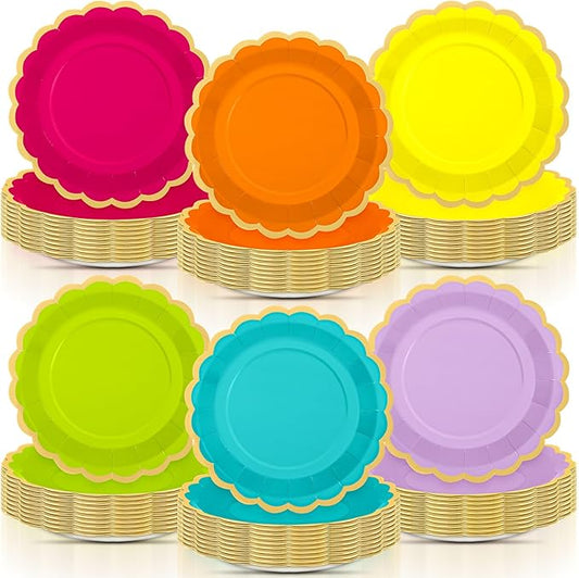96 Pcs Neon Colorful Paper Plates 9 Inch Gradient Scalloped Paper Plates Disposable Dinner Dessert for Birthday Wedding Bridal Party Supplies, 6 Colors