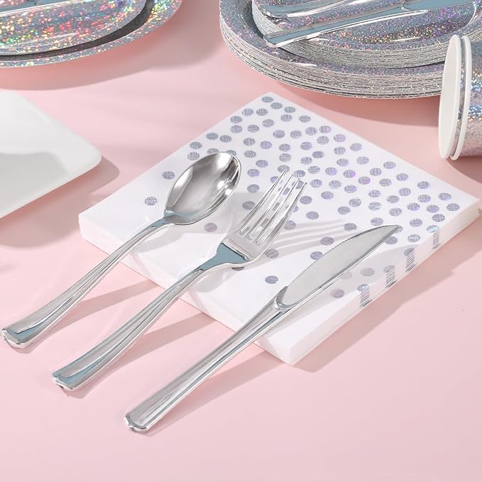 Iridescent Plates Party Supplies-168pcs Iridescent Party Decorations includes Holographic Plates Silver Dot Napkins and Silverware Set for Disco Winter Birthday Party Decorations Serves 24
