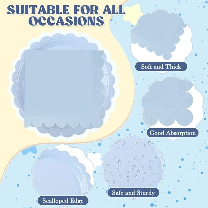 120 Pcs Paper Plates and Napkins Party Supplies Bulk Disposable 7 Inch Scalloped Plates Cocktail Napkins for Wedding Bridal Baby Shower Birthday Decorations, Serve 60(Dusty Blue)