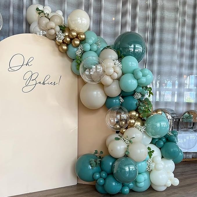 158PCS Teal Balloons Arch Garland Kit, Turquoise Sand White Metallic Gold Balloons Garland for Baby Shower Bridal Shower Wedding Birthday Party Decorations