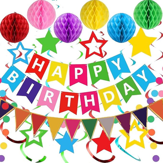 Colorful Birthday Decorations, Happy Birthday Banner with Honeycomb Balls, Stars Hanging Swirl Streamers, Buntings Circle Dots Garland, Party Decorations for Women Men Boys Girls (Colorful)