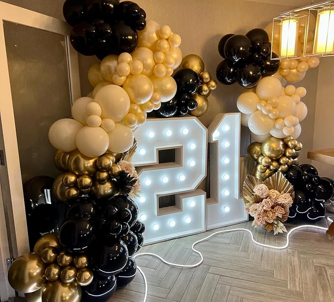 Black Gold White Balloon Arch Kit, Double Stuffed Pearl Sand White Black Chrome Gold Confetti Balloon 22 18 12 10 5 Inch Balloons Garland Kit for Birthday Graduation New Years Party Decoration
