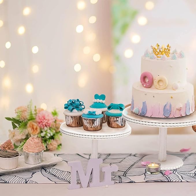GENMOUS 8", 10", 12" Rustic Farmhouse Cake Stand, Decorative Wooden Beaded Cake and Cupcake Stand Combo for Birthday Party Decor, 3 Tiered Dessert Table Display Set for Wedding, Baby Shower, White