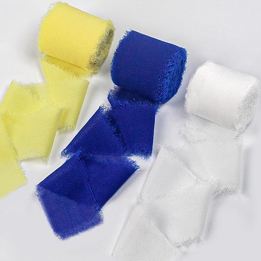 Chiffon Ribbon, Blue Yellow White Silk Ribbon, 1-1/2''x21Yd Handmade Frayed Fringe Ribbon for Wrapping, Floral Vase Decor, Graduation, Birthday, New Year Party Decoration, Shower, 3 Rolls