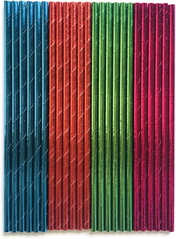 100 pcs Mixed Biodegradable Colorful Party Paper Straws, Colored Pure Plain Hot Pink Blue Red Green Foil Rainbow Drinking Straws Bulk, Holiday Birthday Wedding Cake Pop Sticks (Solid Metallic)