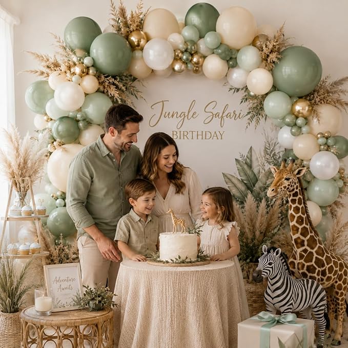 Sage Green Balloon Garland Kit, Green and White Balloon Arch Kit Olive Green White Gold Champagne Party Balloons Lime Green Beige Latex Balloons for Baby Shower Birthday Jungle Safari Party Decoration