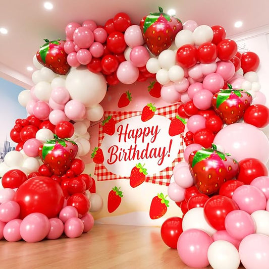 Strawberry Balloons Garland Arch Kit 163pcs with 27" Strawberry Foil Balloons, Red and Pink white Balloons for Sweet Girl Berry First Birthday Themed Baby Shower Strawberry Party Decorations