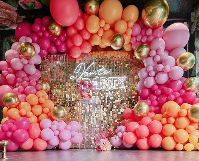 Pink and Orange Balloon Garland Arch Kit, 177Pcs Explosion Star Balloons Hot Pink Orange Metallic Gold and Confetti Balloons for Birthday Wedding Baby Shower Tropical Summer Party Decorations