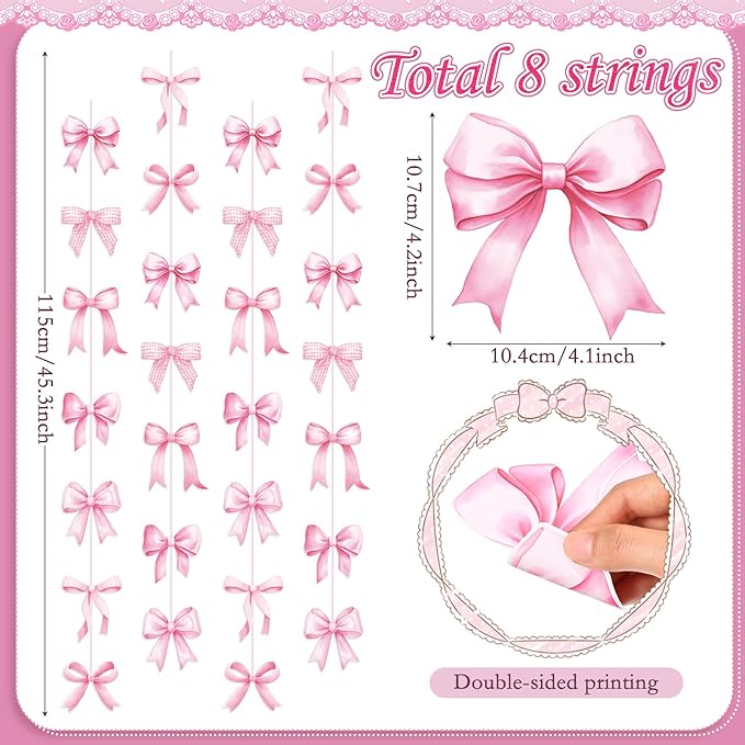 Daifunli 8 PCS Bow Decorations Bow Hanging Banners Garland Banners Paper Cutouts Ribbon Streamers for Birthday Bridal Engagement Bachelorette Wedding Party Decor(Pink)