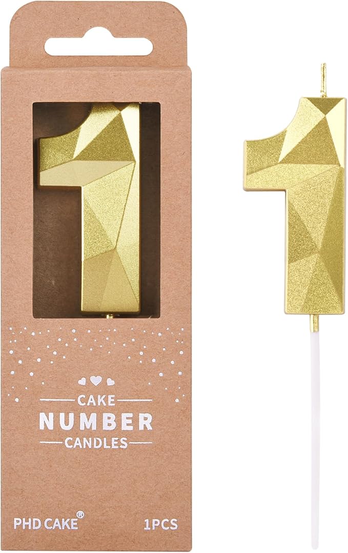 PHD CAKE 2.76 Inch Crystal Gold 1 Number Birthday Candles, Gold Number Candles, Cake Number Candles, Party Celebration