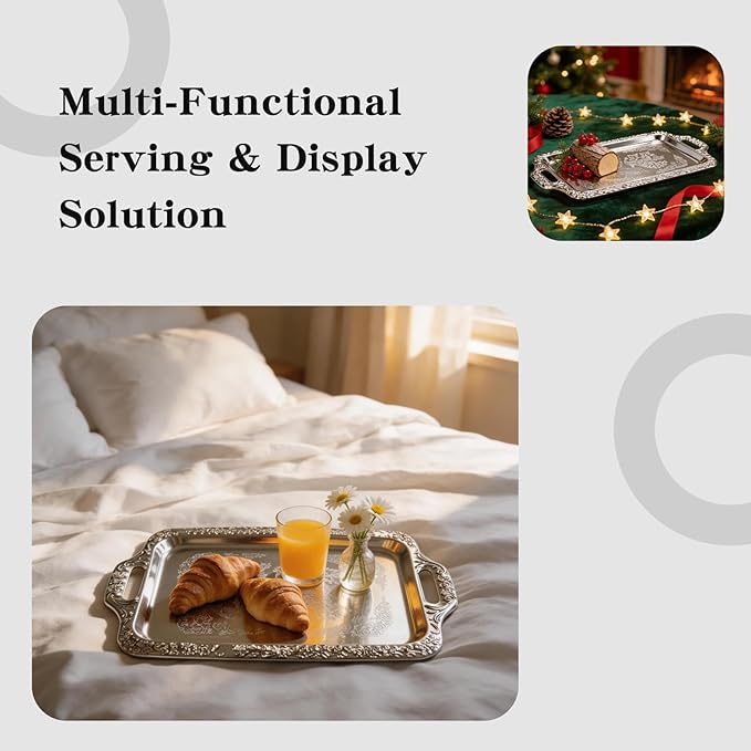 Silver Serving Tray, Metal Serving Tray - 2 Pack Rectangular Decorative Serving Trays with Handles, Ideal for Serving Food and Desserts, Perfect for Home, Parties and Weddings.