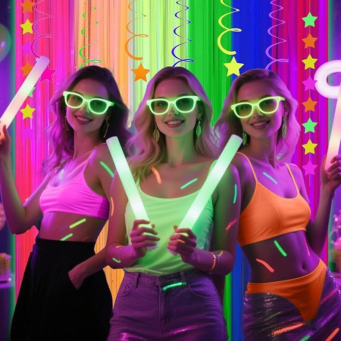 4 Packs Glow in the Dark Foil Fringe Curtain, Macaron Rainbow Blacklight Reactive Fluorescent Tinsel Backdrop Neon Luminous Streamers for Birthday, Wedding, Neon Party, Glow Party Decorations Supplies