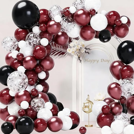 Graduation Party Decorations Maroon White 2026/Graduation Decorations Burgundy Black White Balloon Arch Kit/Burgundy Black Silver Confetti Balloons 134pcs/Maroon Birthday Wedding Party Decor