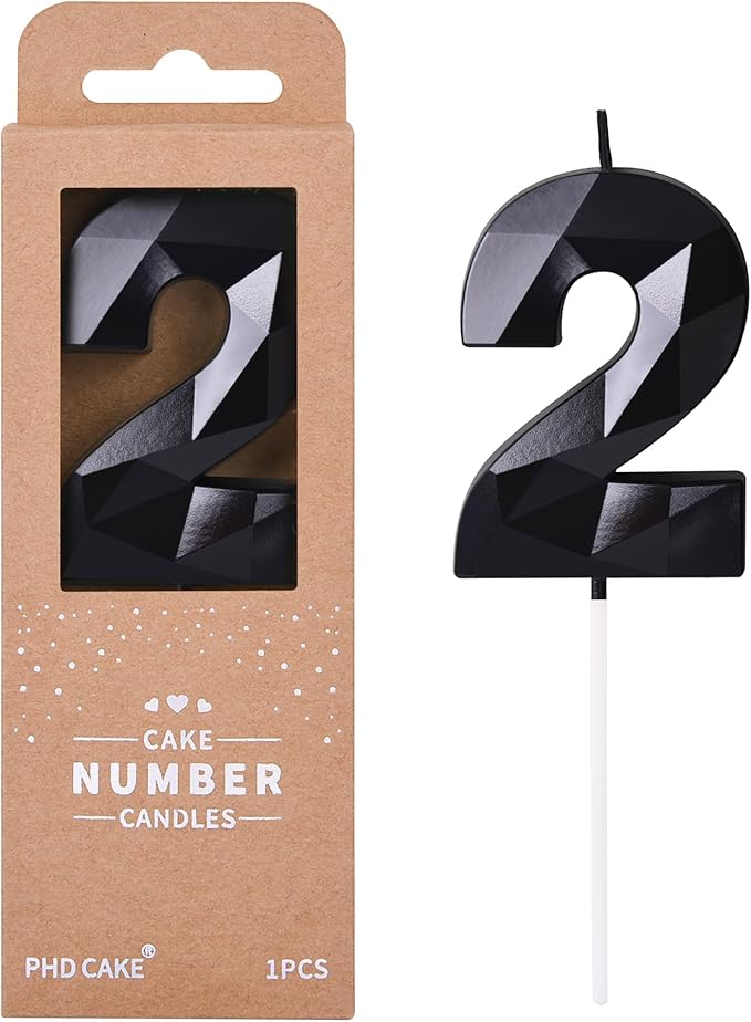 PHD CAKE 2.76 Inch Crystal Black 2 Number Birthday Candles, Black Number Candles, Cake Number Candles, Party Celebration