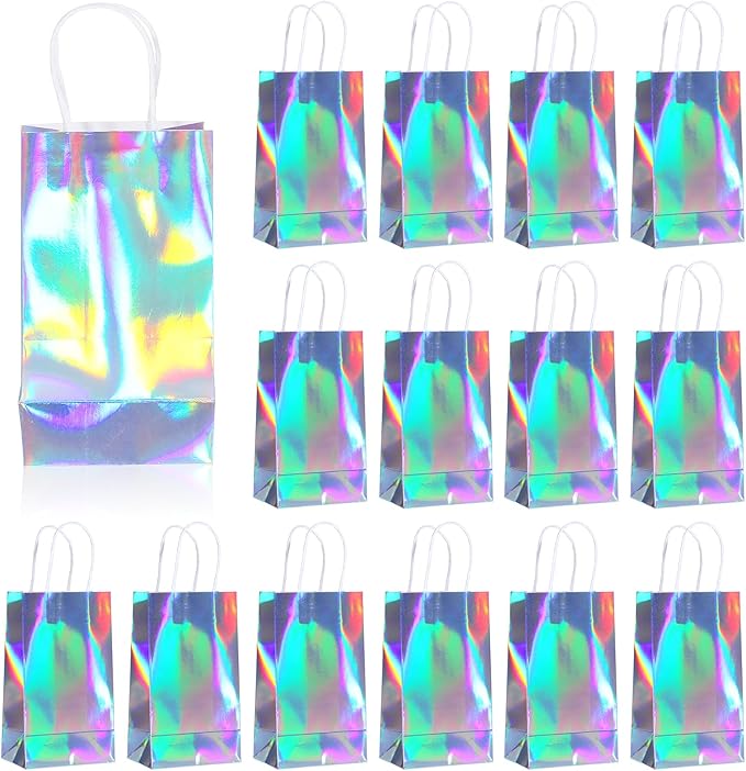 Abeillo 24 Pcs Reusable Paper Gift Bags with Handle, Iridescent Gift Bag Glossy Holographic Goodie Bag Gift Handbag Bulk for Baby Shower Christmas Birthday Party Favor, 8.3 x 4.7 x 3.1 Inch