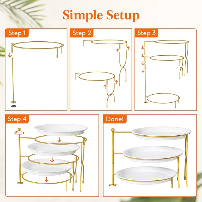 Lifewit Plastic 3 Tier Serving Tray for Party, 25 cm/10" White Reusable Round Serving Platters with Black Collapsible Metal Stand, Decorative Dessert Table Display Set for Veggie, Fruit, Cookies