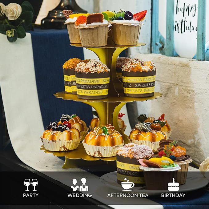 Matte Gold Cupcake Stand, 3-Tier Heart Handle Cardboard Dessert Display Tower, Perfect for Wedding Birthday Party Decorations (2-Pack)
