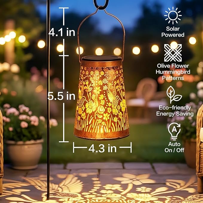 LeiDrail Hummingbird Solar Lanterns Outdoor 2 Pack, Hanging Waterproof Vintage Metal Lantern, Auto On/Off Garden Patio Yard Porch Pathway Decor, Warm White LED, Gifts for Women Mom Grandma