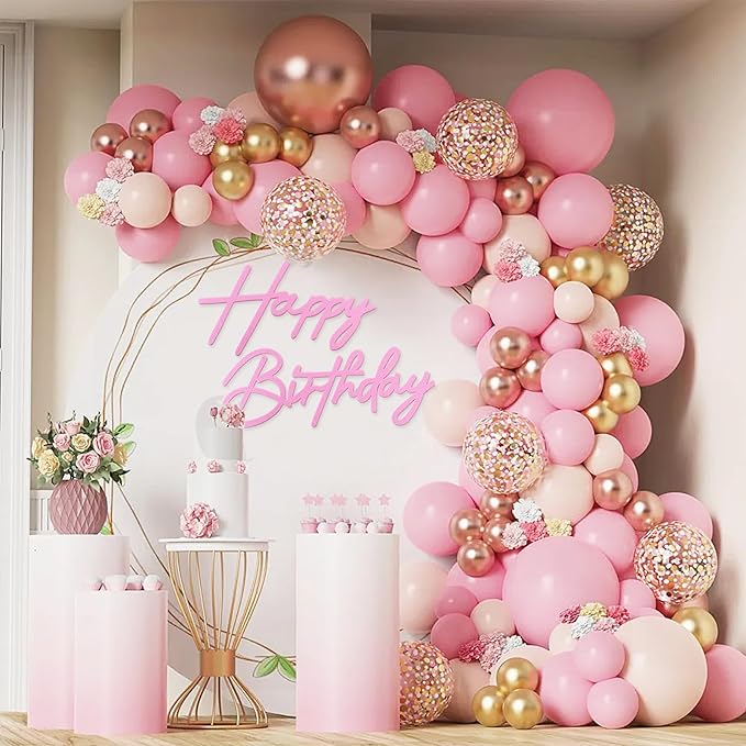 Happy Birthday Sign for Backdrop - Felt Happy Birthday Letter Sign for Balloon Arch Birthday Party Balloon Arch Backdrop Decorations for Birthday Party Baby Shower - Pink