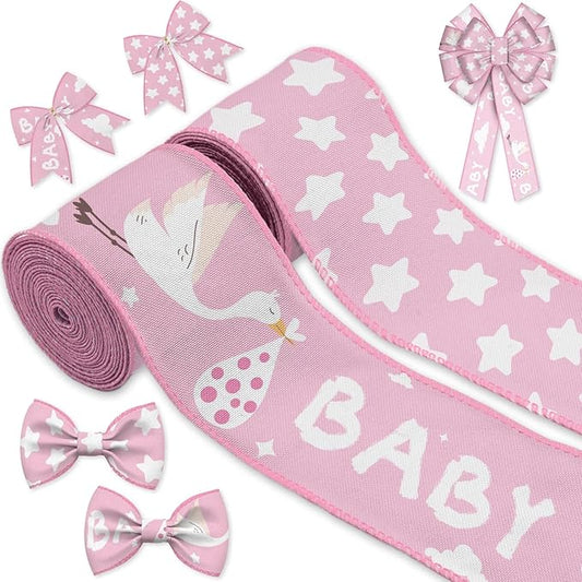 YKW 2 Rolls Baby Girl Ribbon Set, 2.5" Wide Satin Wired Edge Ribbons, Pink Stork Star Pattern, 2 Rolls x 5 Yards Each for Newborn Decorations, Baby Shower, Nursery Decor (10 Yards Total)