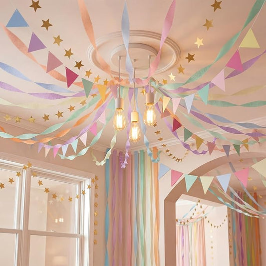 Frienda 14 Pcs Pastel Party Decorations Set 492 ft Colorful Crepe Paper Streamers, 52.8ft Gold Star Garlands Backdrop and 4 Pennant Banner Flags for Wedding Birthday Fancy Party Hanging Decorations