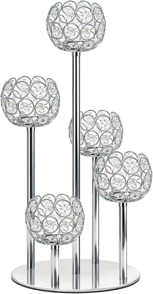 5-Arm Crystal Tealight Candelabra Centerpiece, 14.8 Inch Metal Candle Holder for Table Decor, Wedding, Christmas, Party, Anniversary & Home Decoration (1, Silver, S-14.8 in)